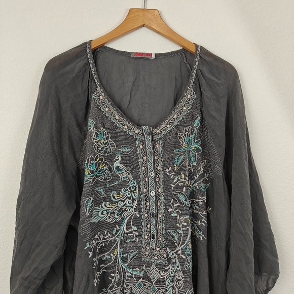 Johnny Was Grey Blue Embroidered Tunic Top, Size LG Bohemian Lagenlook Boho - Picture 7 of 14